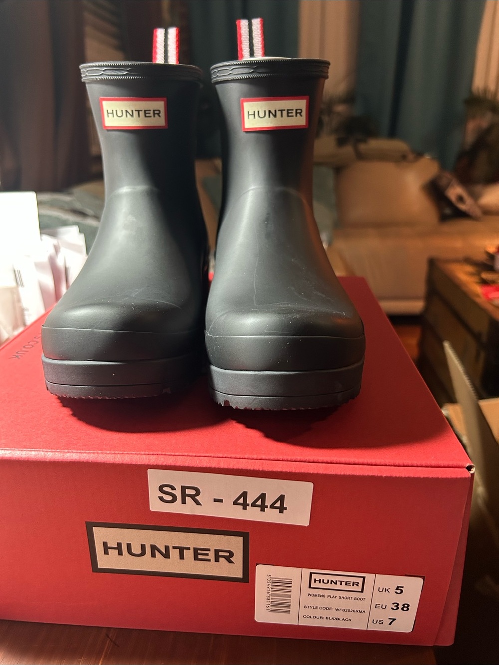 Hunter Black Short Rain Boots with Red-Trim Pull Tabs